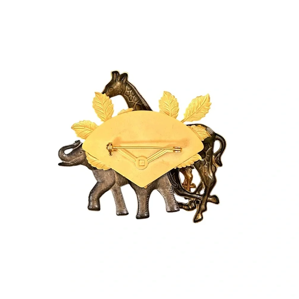 Vintage Mixed Metal Giraffes & Elephant Safari Brooch 3D Pin Statement Piece